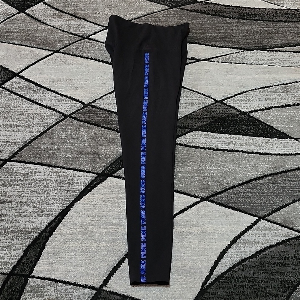 VS PINK 2021 BLUE TAPE SIDE LOGO FULL-LENGTH  HIGH-WAISTED BLACK LEGGING…